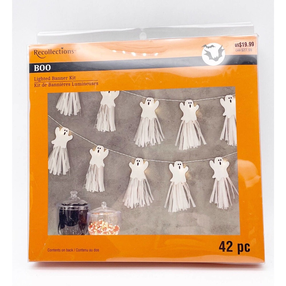Recollections Boo Ghost Lighted Banner Kit Set 42 Pieces 10 Hanging Ghosts New